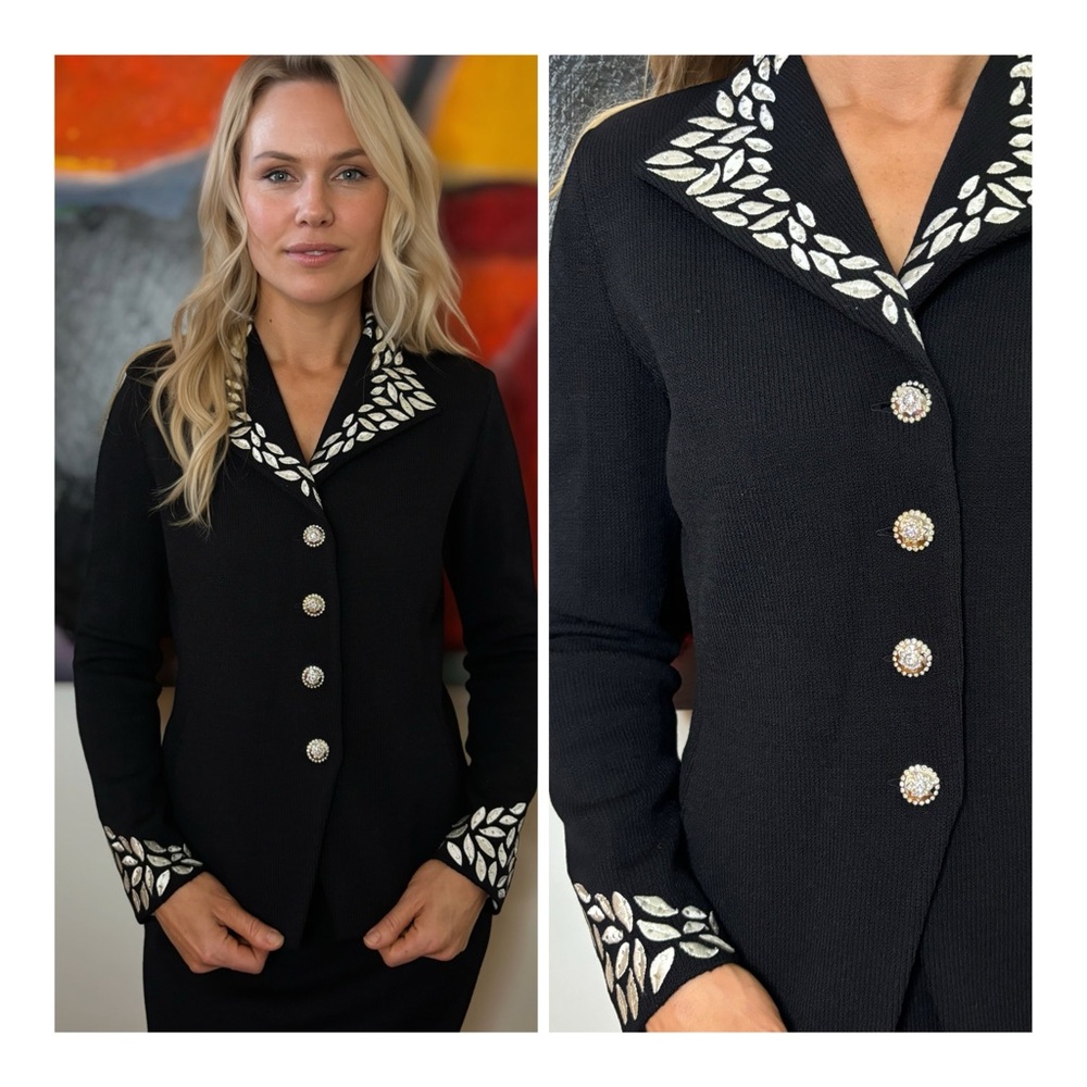 St. John Black Blazer with White Leaf Sparkle Detail